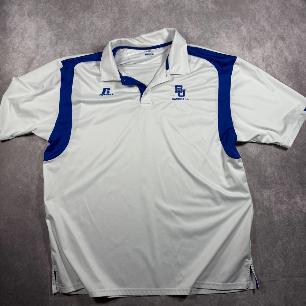 Russell Athletic BU Baseball Polo Shirt Mens XXL White Blue Dri-Power Collegiate